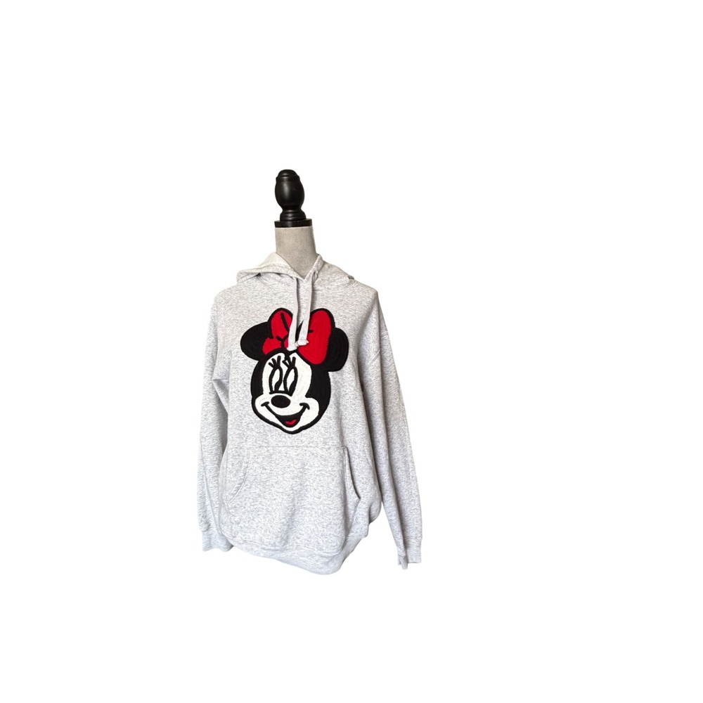 Disney Minnie Mouse Heather Gray Hoodie Chenille Patch Sweatshirt Womens Medium